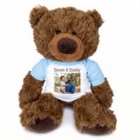 Personalized Teddy Bear - 13 inch Coco Bear with Photo and/or Text - Light Blue Shirt