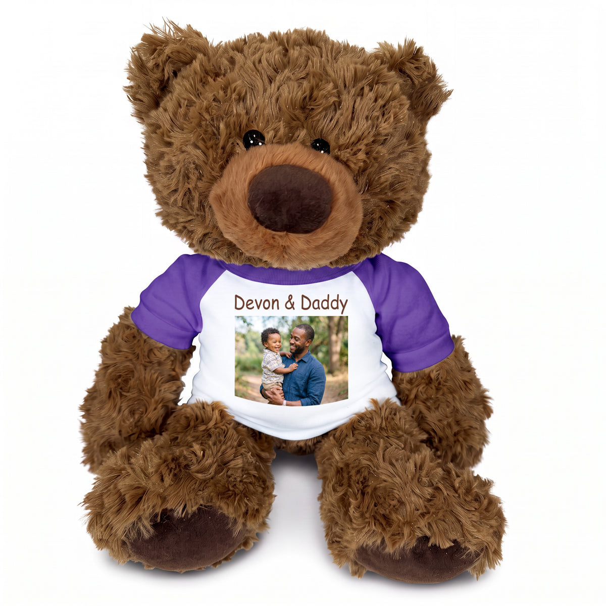 Personalized Teddy Bear - 13 inch Coco Bear with Photo and/or Text - Purple Shirt