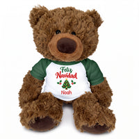 Personalized Christmas Teddy Bear - 13 Inch Coco Bear - Green, Feliz Navidad Tree