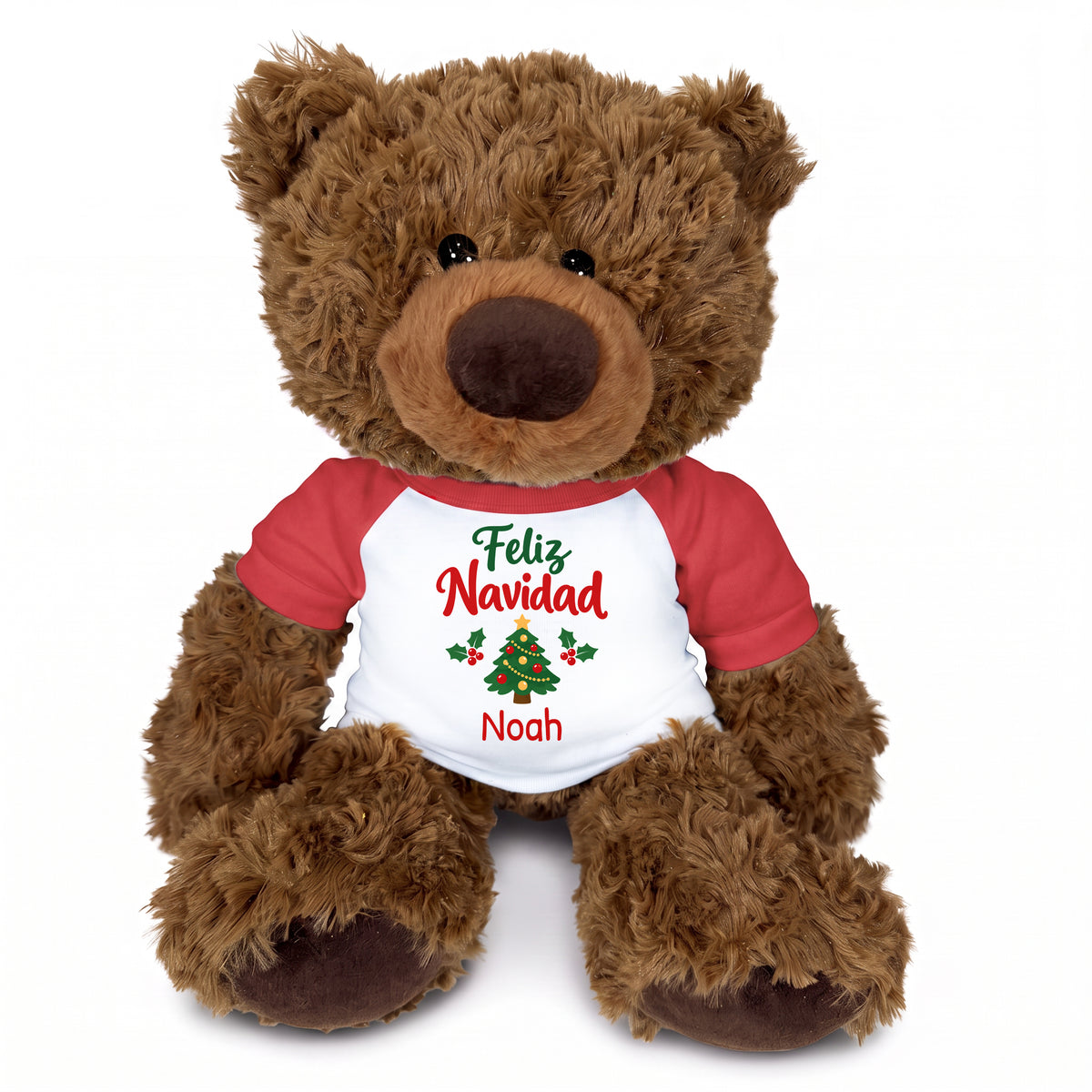 Personalized Christmas Teddy Bear - 13 Inch Coco Bear - Red, Feliz Navidad Tree