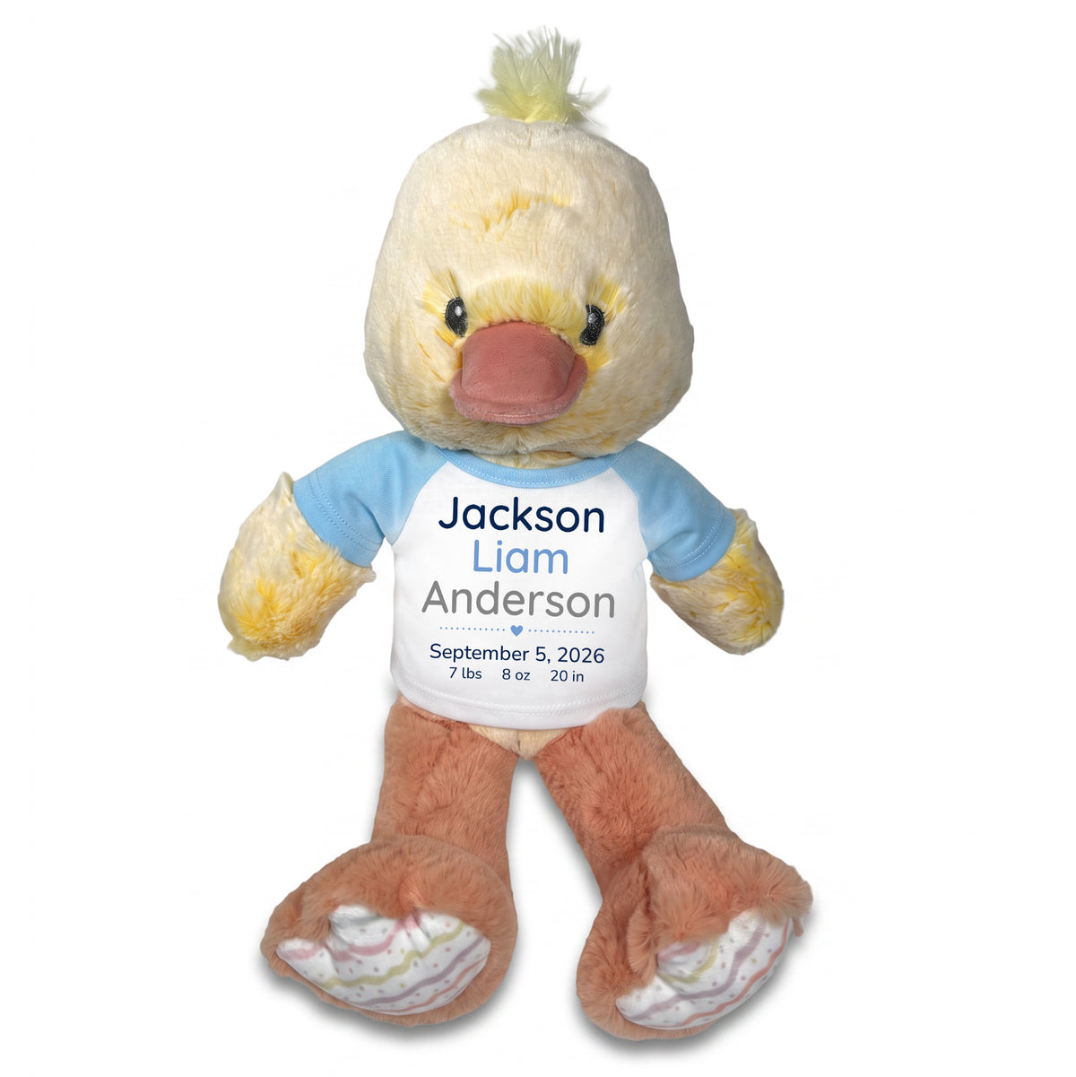 Personalized Stuffed Duck for Baby Girl or Boy - 12 Inch Dani Duck customized with baby's name, birth date, weight, and length. Light Blue Shirt with Blue & Grey Modern Font