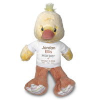 Personalized Stuffed Duck for Baby Girl or Boy - 12 Inch Dani Duck customized with baby's name, birth date, weight, and length. White shirt with Brown and Grey Modern  Font