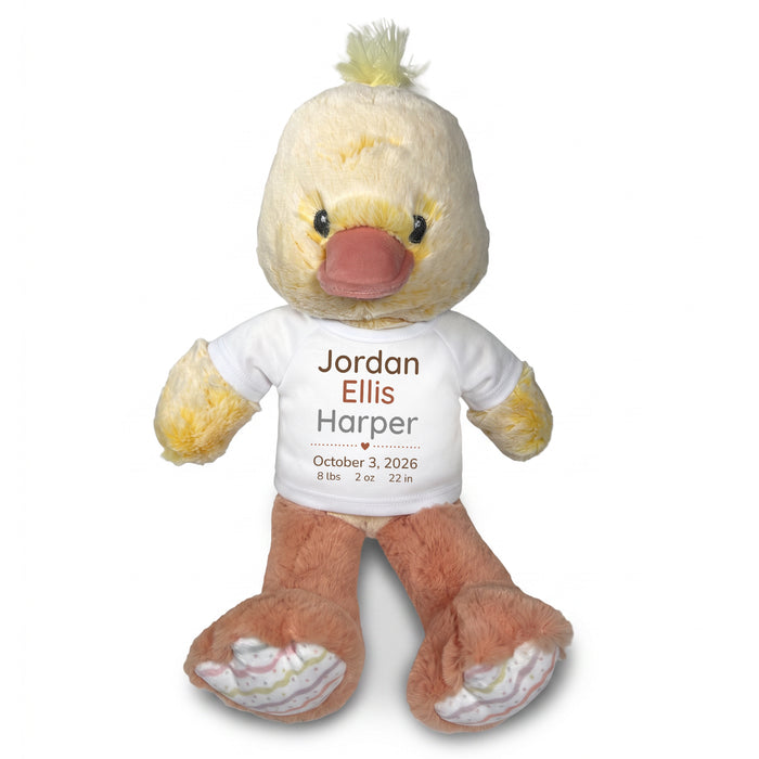 Personalized Stuffed Duck for Baby Girl or Boy - 12 Inch Dani Duck customized with baby's name, birth date, weight, and length. White shirt with Brown and Grey Modern  Font