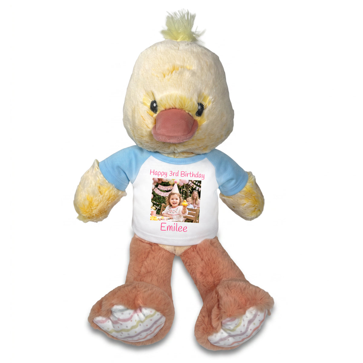 Personalized Stuffed Duck - 12 Inch Dani Duck with Photo & Text - Light Blue Shirt