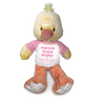 Personalized Stuffed Duck for Baby Girl or Boy - 12 Inch Dani Duck customized with baby's name, birth date, weight, and length. - Pink Shirt with Pink Modern Font.