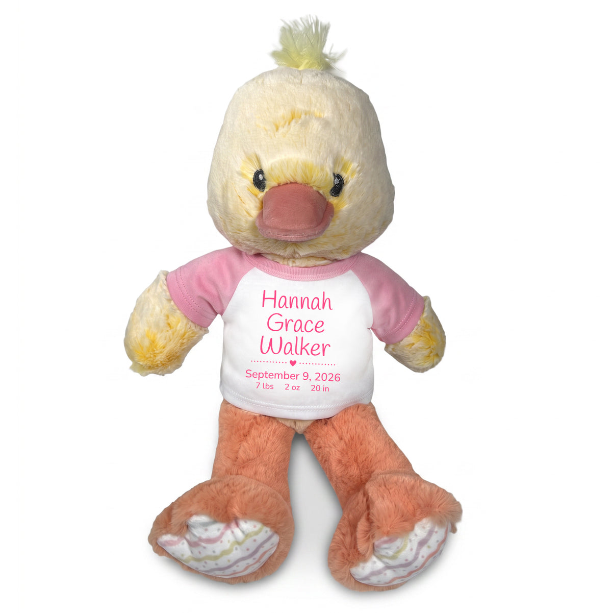 Personalized Stuffed Duck for Baby Girl  - 12 Inch Dani Duck customized with baby's name, birth date, weight, and length. Pink Shirt with Pink Casual Font