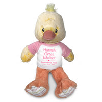 Personalized Stuffed Duck for Baby Girl  - 12 Inch Dani Duck customized with baby's name, birth date, weight, and length. Pink Shirt with Pink Casual Font