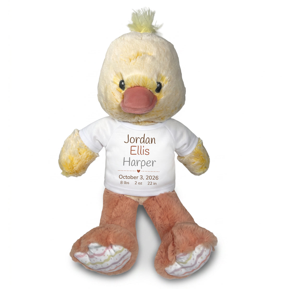 Personalized Stuffed Duck for Baby Girl or Boy - 12 Inch Dani Duck customized with baby's name, birth date, weight, and length. White Shirt with Brown and Grey Casual Font