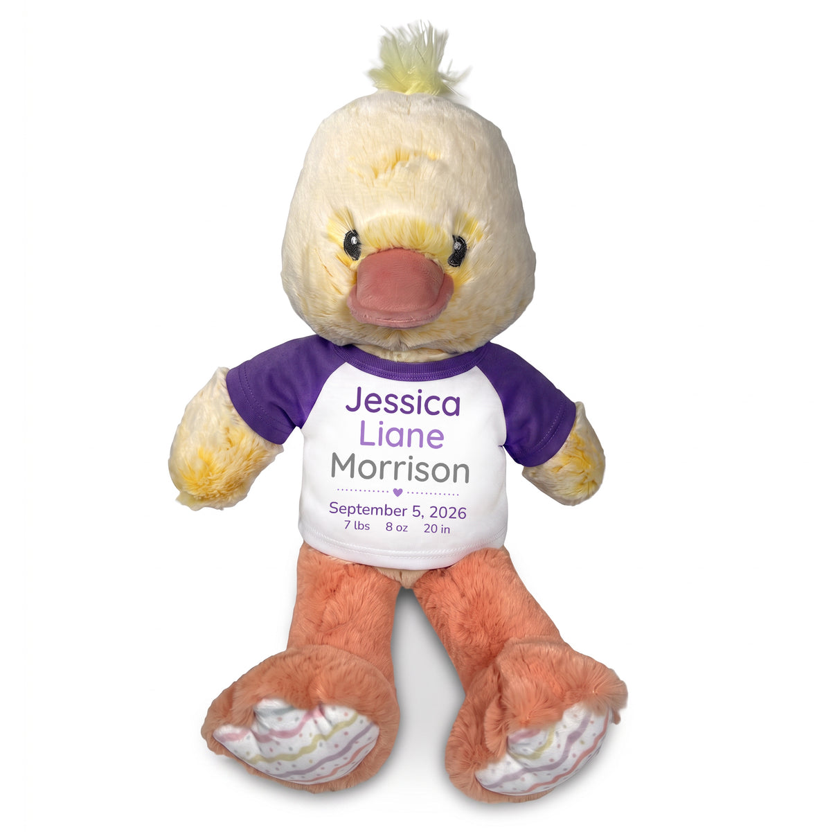 Personalized Stuffed Duck for Baby Girl or Boy - 12 Inch Dani Duck customized with baby's name, birth date, weight, and length. urple Shirt with Purple and Grey Modern Font