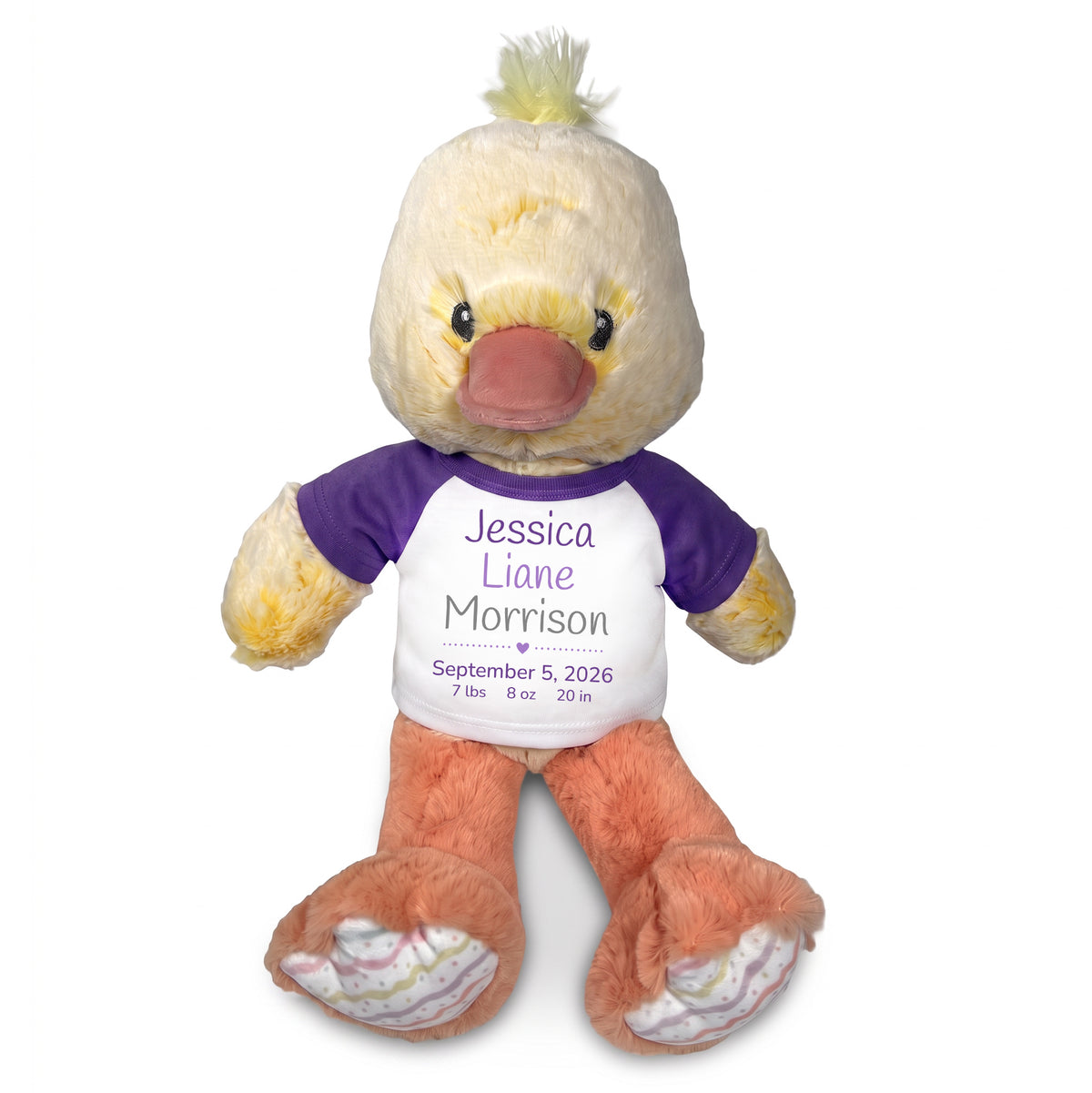 Personalized Stuffed Duck for Baby Girl or Boy - 12 Inch Dani Duck customized with baby's name, birth date, weight, and length. Purple Shirt with Purple and Grey Casual Font
