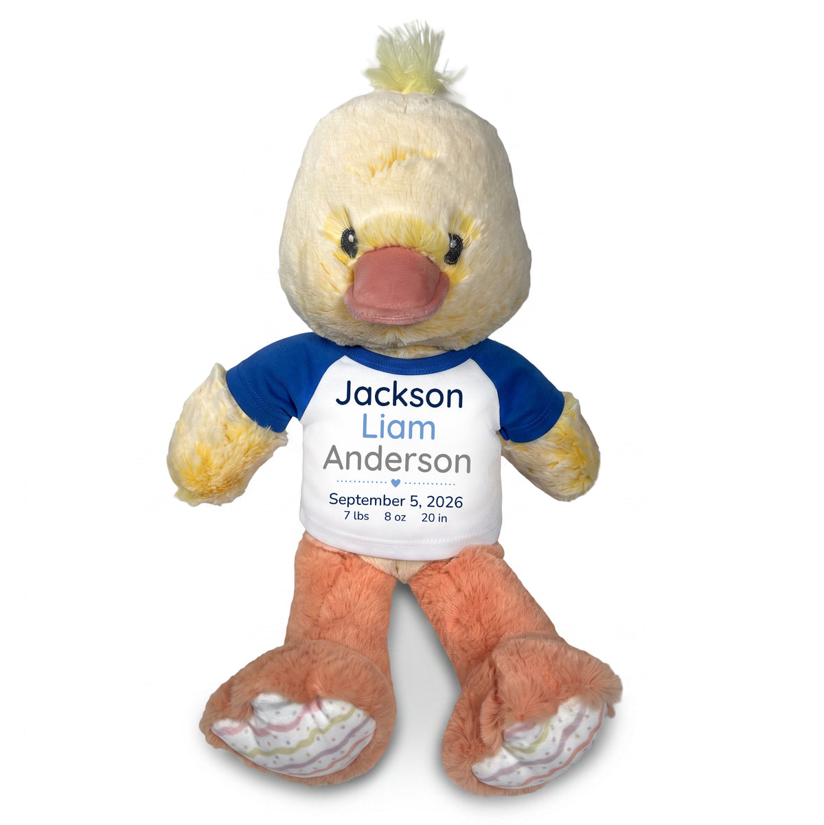 Personalized Stuffed Duck for Baby Girl or Boy - 12 Inch Dani Duck customized with baby's name, birth date, weight, and length. Royal Blue Shirt with Blue and Grey Modern Font