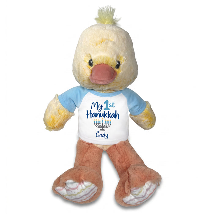 Personalized Hanukkah Stuffed Duck - 12 Inch Plush Dani Duck - My 1st Hanukkah, Lt Blue Shirt / Blue Design