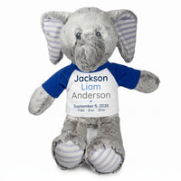 Personalized Stuffed Elephant for Baby Girl or Boy - 12 Inch Elvin Elephant - Royal Blue Shirt with Blue & Grey Text