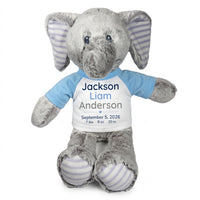 Personalized Stuffed Elephant for Baby Girl or Boy - 12 Inch Elvin Elephant - Light Blue Shirt w/Blue and Grey Text
