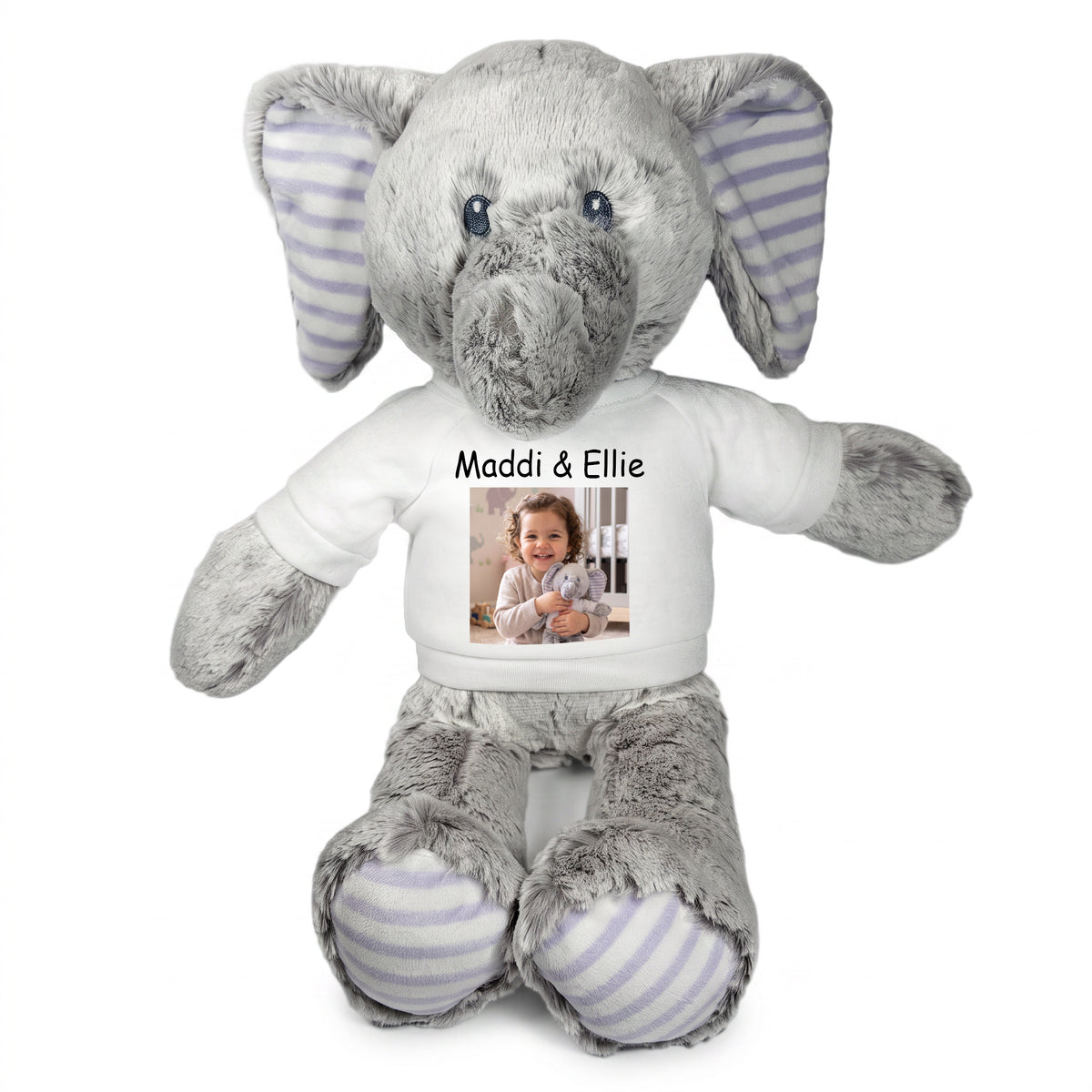 Personalized Stuffed Elephant - 12 Inch Elvin Elephant with Photo & Text - White Shirt