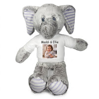 Personalized Stuffed Elephant - 12 Inch Elvin Elephant with Photo & Text - White Shirt