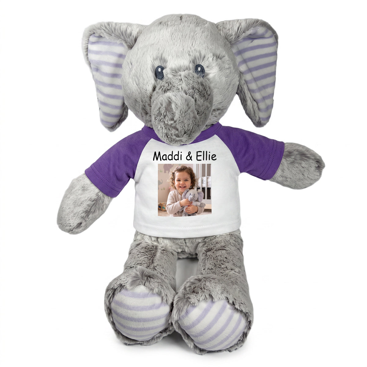 Personalized Stuffed Elephant - 12 Inch Elvin Elephant with Photo & Text - Purple Shirt