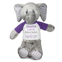 Personalized Stuffed Elephant for Baby Girl or Boy - 12 Inch Elvin Elephant - Purple Shirt with Purple and Grey Text