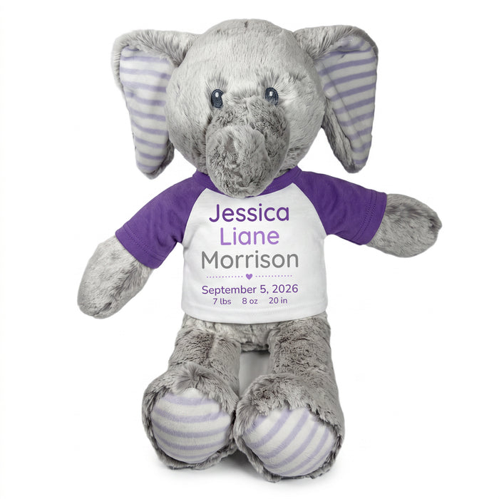 Personalized Stuffed Elephant for Baby Girl or Boy - 12 Inch Elvin Elephant - Purple Shirt with Purple and Grey Text