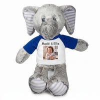 Personalized Stuffed Elephant - 12 Inch Elvin Elephant with Photo & Text - Royal Blue Shirt