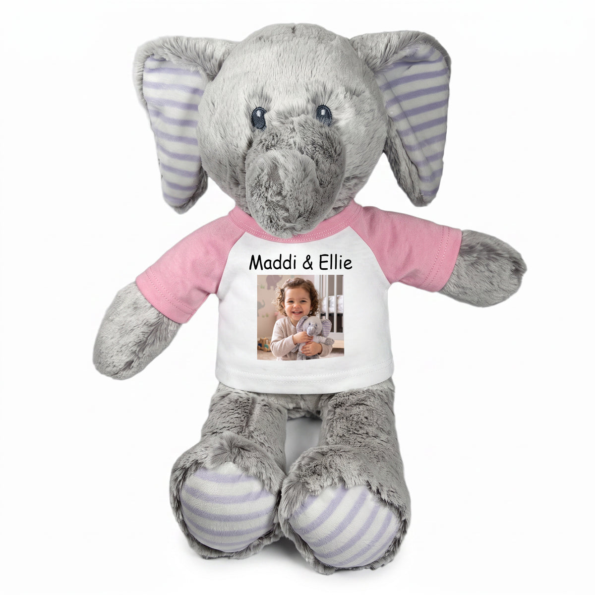 Personalized Stuffed Elephant - 12 Inch Elvin Elephant with Photo & Text - Pink Shirt