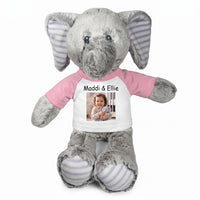 Personalized Stuffed Elephant - 12 Inch Elvin Elephant with Photo & Text - Pink Shirt