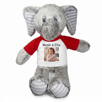 Personalized Stuffed Elephant - 12 Inch Elvin Elephant with Photo & Text - Red Shirt