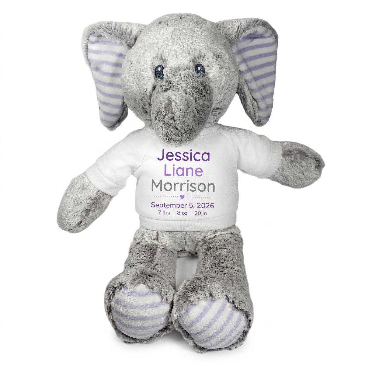 Personalized Stuffed Elephant for Baby Girl or Boy - 12 Inch Elvin Elephant - White Shirt with Purple & Grey Text