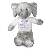 Personalized Stuffed Elephant for Baby Girl or Boy - 12 Inch Elvin Elephant - White Shirt with Purple & Grey Text