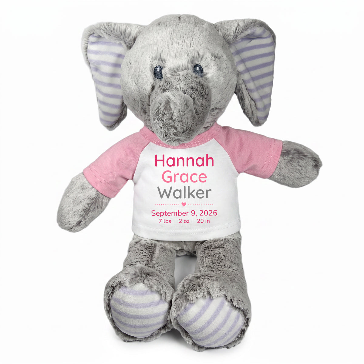 Personalized Stuffed Elephant for Baby Girl or Boy - 12 Inch Elvin Elephant - Pink Shirt with Pink & Grey Text