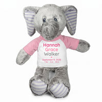 Personalized Stuffed Elephant for Baby Girl or Boy - 12 Inch Elvin Elephant - Pink Shirt with Pink & Grey Text