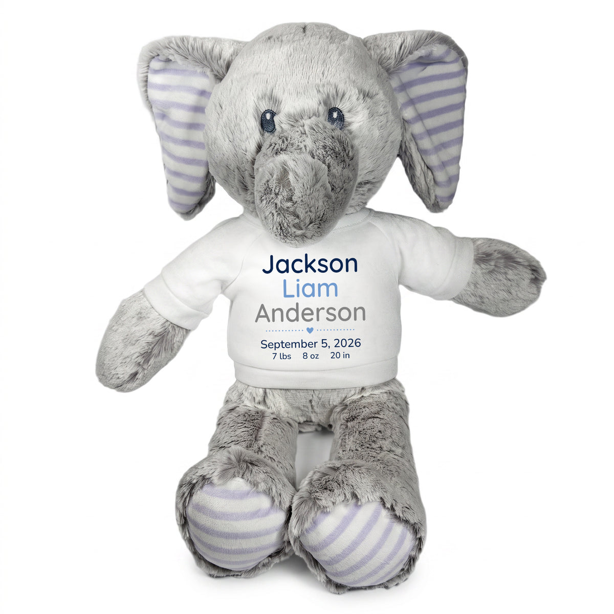 Personalized Stuffed Elephant for Baby Girl or Boy - 12 Inch Elvin Elephant - White Shirt with Blue & Grey Text