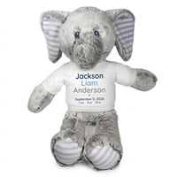 Personalized Stuffed Elephant for Baby Girl or Boy - 12 Inch Elvin Elephant - White Shirt with Blue & Grey Text