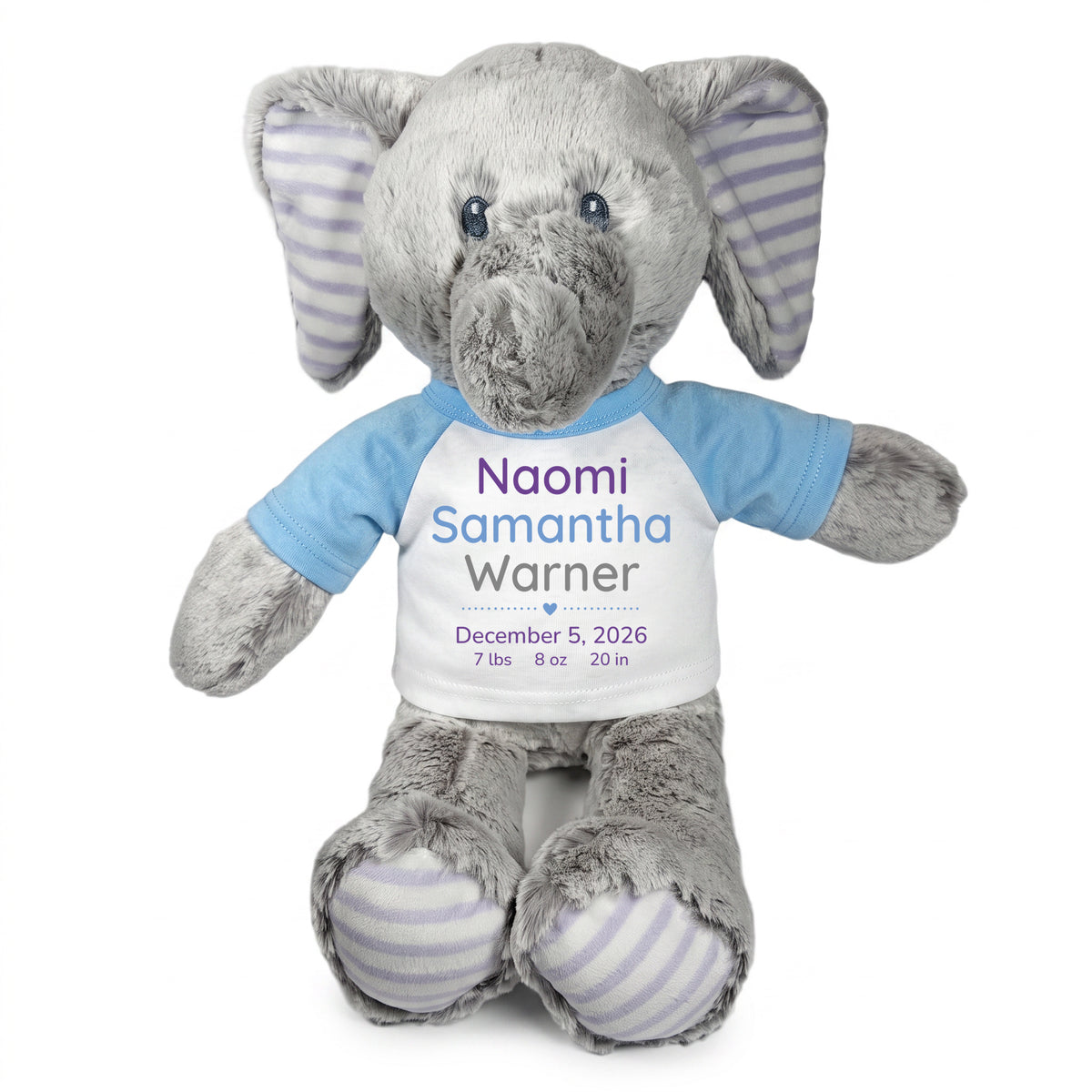 Personalized Stuffed Elephant for Baby Girl or Boy - 12 Inch Elvin Elephant - Light Blue Shirt with Purple, Blue, and Grey Text