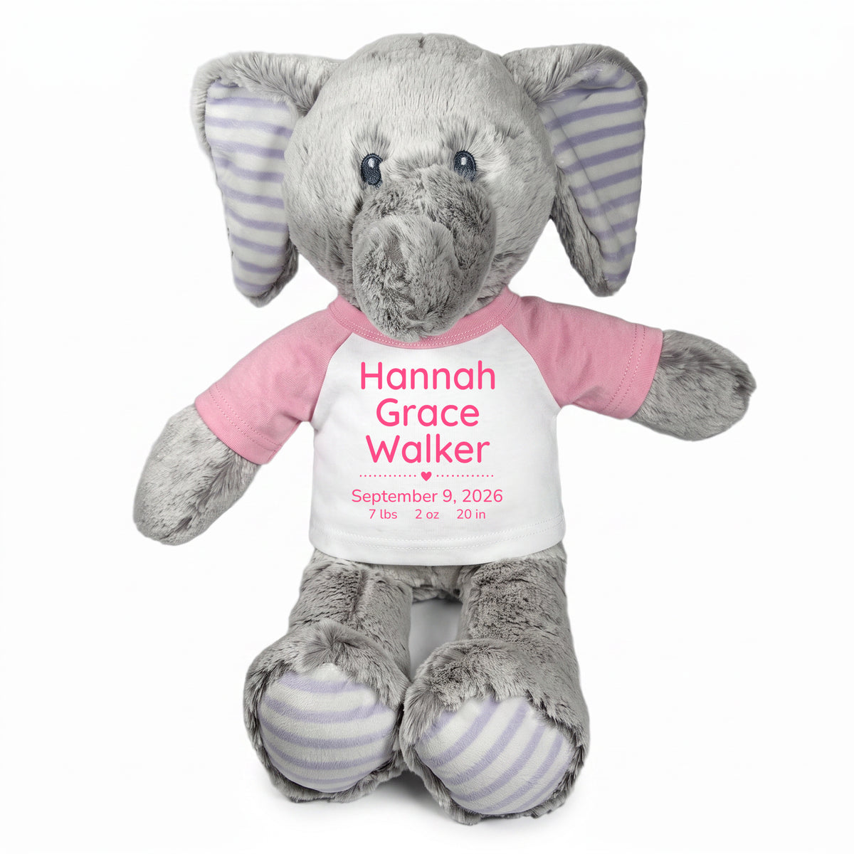 Personalized Stuffed Elephant for Baby Girl or Boy - 12 Inch Elvin Elephant - Pink Shirt with Pink Text