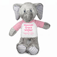 Personalized Stuffed Elephant for Baby Girl or Boy - 12 Inch Elvin Elephant - Pink Shirt with Pink Text