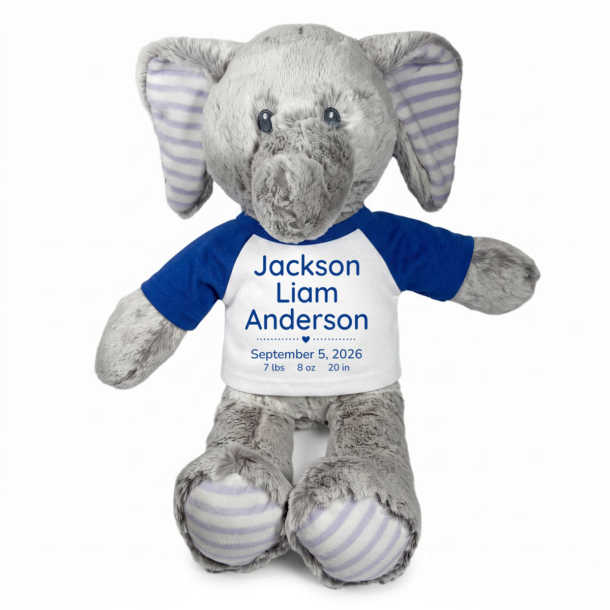 Personalized Stuffed Elephant for Baby Girl or Boy - 12 Inch Elvin Elephant - Royal Blue Shirt with Royal Blue Text