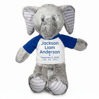 Personalized Stuffed Elephant for Baby Girl or Boy - 12 Inch Elvin Elephant - Royal Blue Shirt with Royal Blue Text