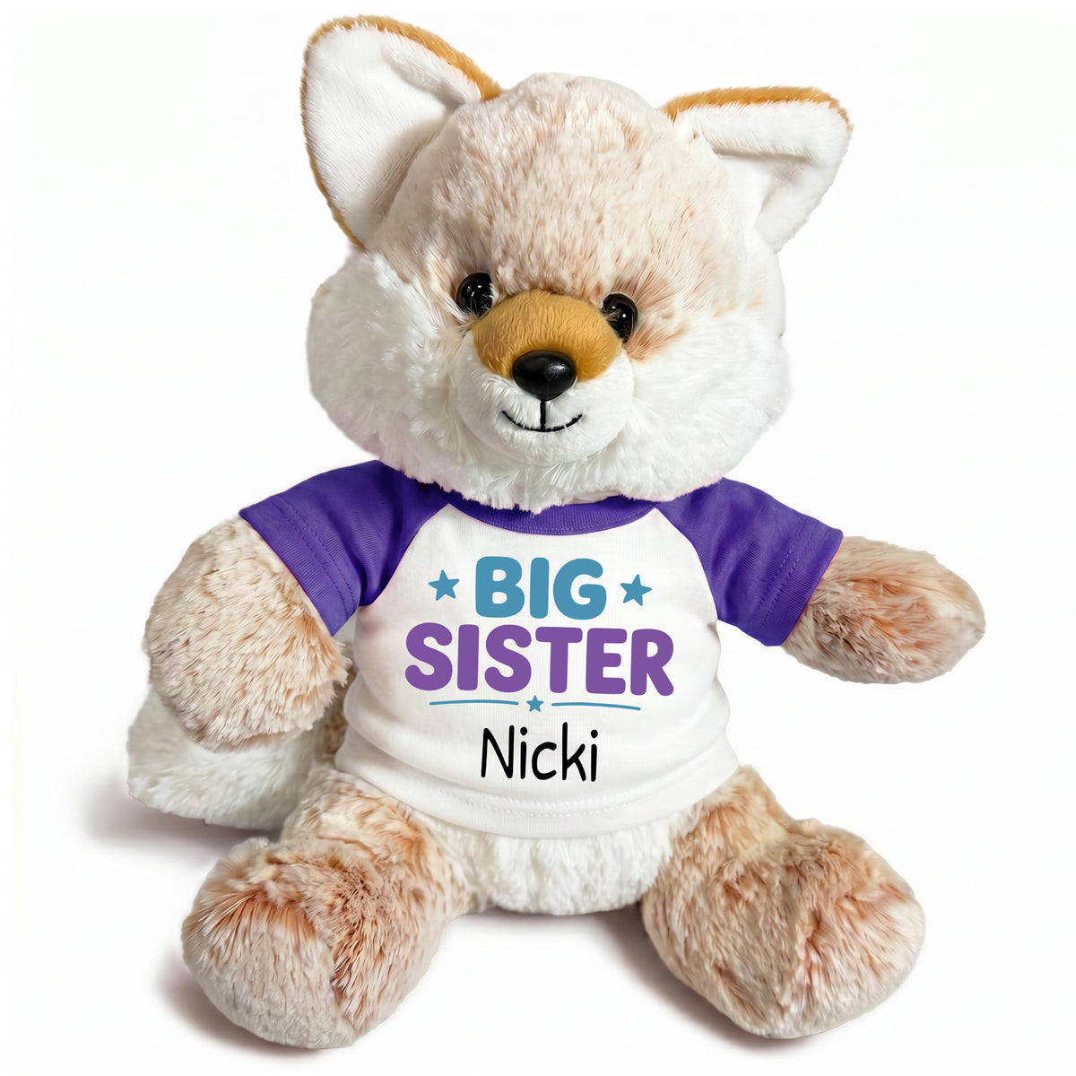 Personalized Big Sister Stuffed Fox - 11 Inch Plush Fancy Fox - Purple shirt with teal and purple design