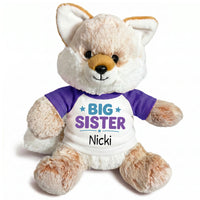 Personalized Big Sister Stuffed Fox - 11 Inch Plush Fancy Fox - Purple shirt with teal and purple design