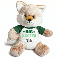 Personalized Big Sister Stuffed Fox - 11 Inch Plush Fancy Fox - Green shirt with green design