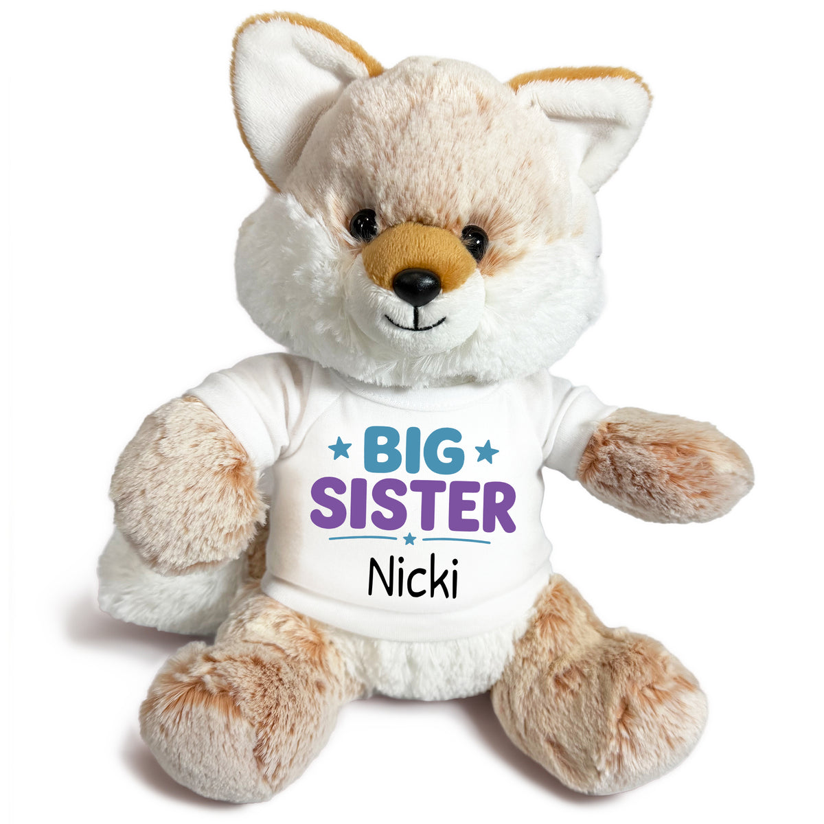 Personalized Big Sister Stuffed Fox - 11 Inch Plush Fancy Fox - White shirt with teal and purple design