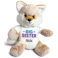 Personalized Big Sister Stuffed Fox - 11 Inch Plush Fancy Fox - White shirt with teal and purple design