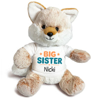 Personalized Big Sister Stuffed Fox - 11 Inch Plush Fancy Fox - White shirt with orange and teal design
