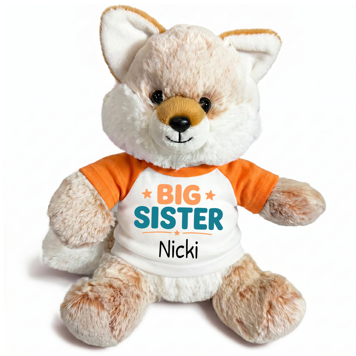 Personalized Big Sister Stuffed Fox - 11 Inch Plush Fancy Fox - Orange shirt with orange and teal design