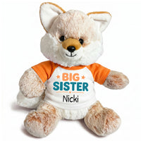 Personalized Big Sister Stuffed Fox - 11 Inch Plush Fancy Fox - Orange shirt with orange and teal design