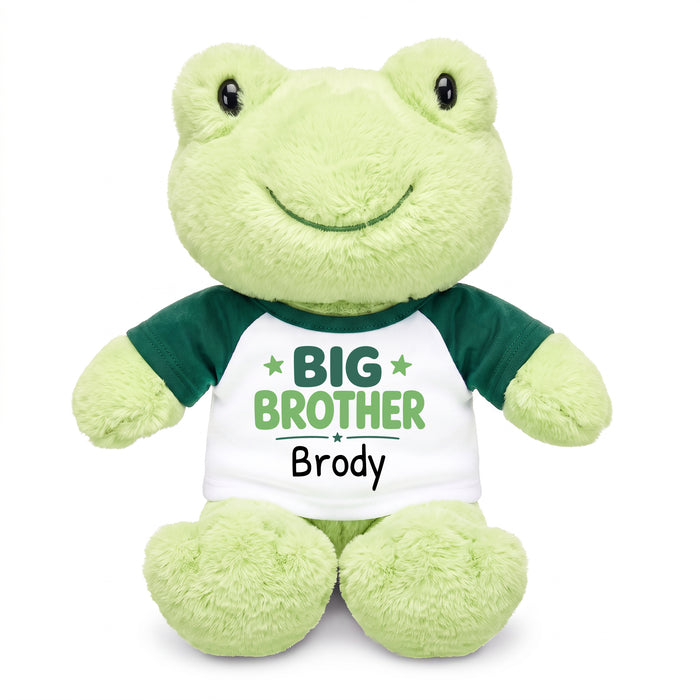 Personalized Big Brother Stuffed Frog - 12 Inch Plush Tumbletoes Frog - Green Shirt & Green Design