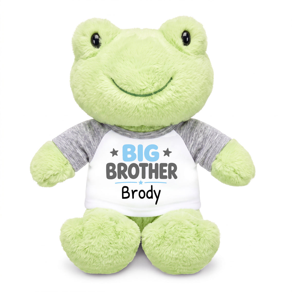 Personalized Big Brother Stuffed Frog - 12 Inch Plush Tumbletoes Frog - Grey Shirt with Light Blue and Grey Design