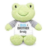 Personalized Big Brother Stuffed Frog - 12 Inch Plush Tumbletoes Frog - Grey Shirt with Light Blue and Grey Design
