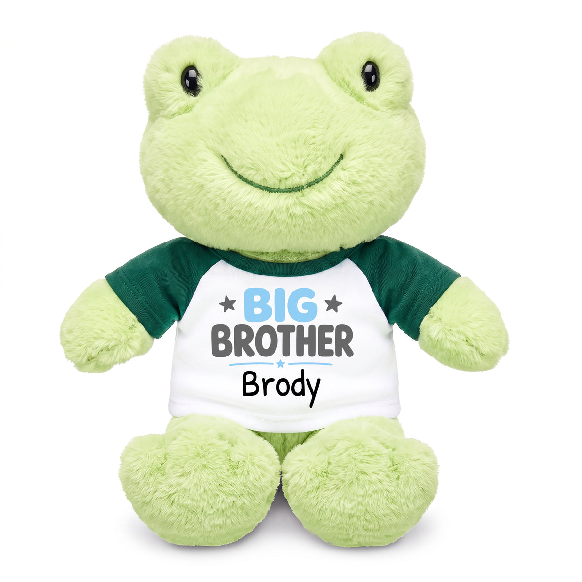 Personalized Big Brother Stuffed Frog - 12 Inch Plush Tumbletoes Frog with Green Shirt with Light Blue and Grey Design